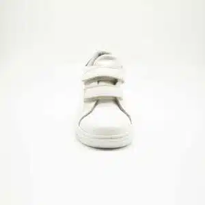 Basket en cuir véritable blanc et bleu nuit. Modèle Step. Vue de face