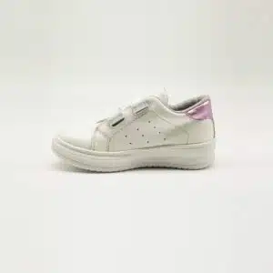 Basket en cuir véritable blanc et rose. Modèle Step. Vue de côté 2