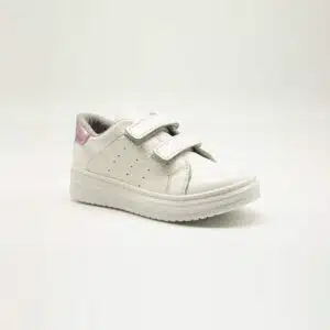 Basket en cuir véritable blanc et rose. Modèle Step. Vue de côté