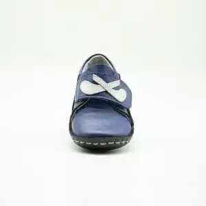 Chausson en cuir véritable bleu et noir. Modèle Birds. Vue de face