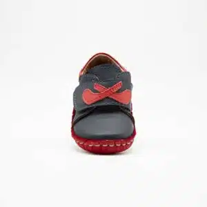 Chausson en cuir véritable bleu et rouge. Modèle Birds. Vue de face