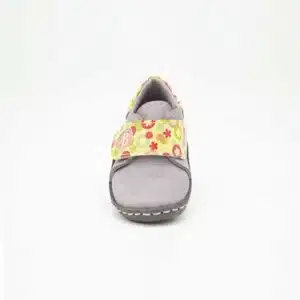 Chausson en cuir véritable gris et jaune. Modèle Birds. Vue de face