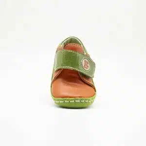 Chausson en cuir véritable orange et vert. Modèle Birds. Vue de face