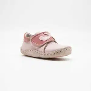 Chausson en cuir véritable rose et camel. Modèle Birds. Vue de côté