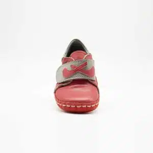 Chausson en cuir véritable rouge et gris. Modèle Birds. Vue de face