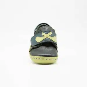 Chausson en cuir véritable vert et pistache. Modèle Birds. Vue de face