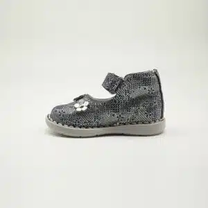 Chaussure en cuir véritable bleu argent. Modèle Lara. Vue latérale 2