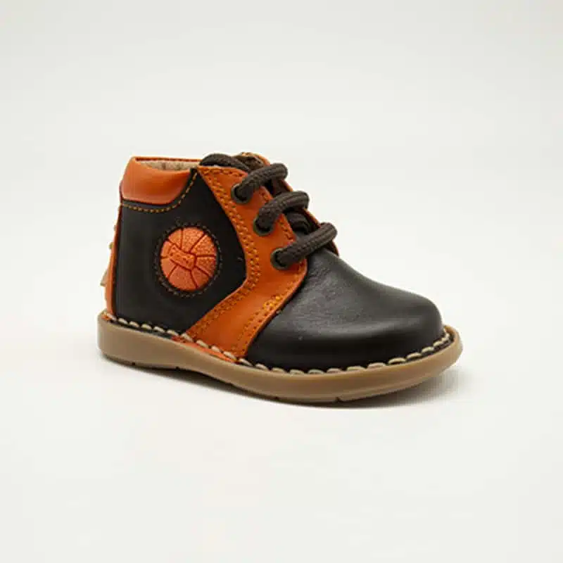 Chaussures en cuir véritable marron et orange. Modèle Sphère. Vue de côté