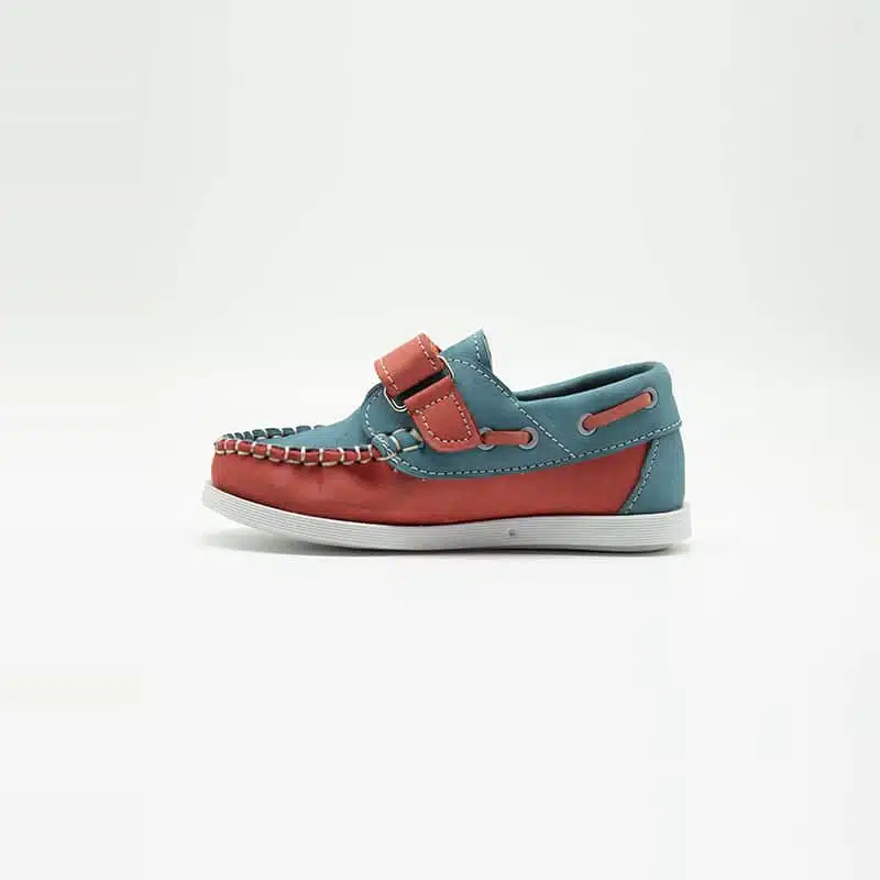 Chaussures en cuir véritable orange et turquoise. Modèle Enzo_V2. Vue de côté