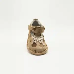 Chaussures en nebuk véritable beige fleuri. Modèle Sweety. Vue de face