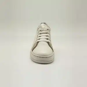 Espadrille en cuir véritable blanc et argent. Modèle Gym. Vue de face