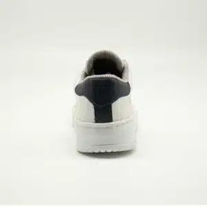 Espadrille en cuir véritable blanc et bleu nuit. Modèle Gym. Vue de derrière