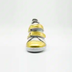 Espadrille en cuir véritable blanc et doré. Model Fast. Vue de face