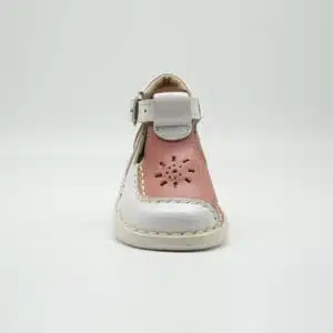 Sandale en cuir véritable blanc et rose. Modèle Dora. Vue de face