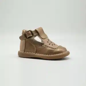 Sandale en cuir véritable bronze et beige. Modèle Dora. Vue de côté