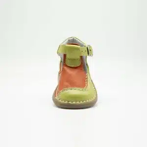 Sandale en cuir véritable vert et orange. Modèle Dora. Vue de face