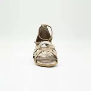 Sandales en cuir véritable beige et doré. Modèle Maya. Vue de face