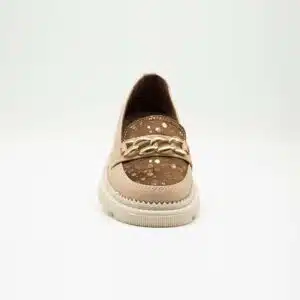 Chaussures en cuir véritable beige et marron. Modèle Raffaella. Vue de face