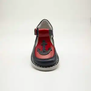 Chaussures en cuir véritable bleu et rouge. Modèle Rubis. Vue de face