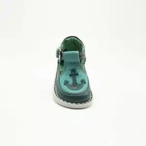 Chaussures en cuir véritable vert. Modèle Rubis. Vue de face