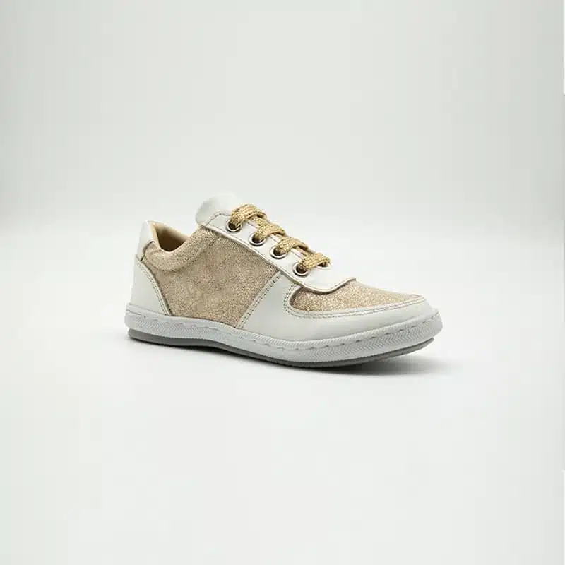 Espadrille en cuir véritable blanc et doré. Modèle Chic. Vue de côté