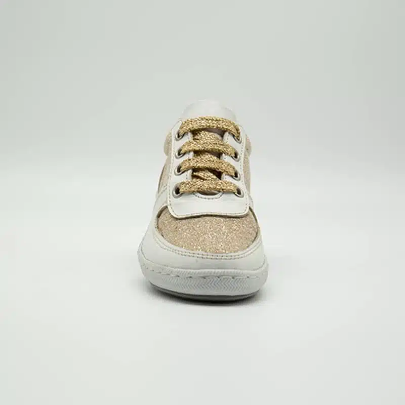 Espadrille en cuir véritable blanc et doré. Modèle Chic. Vue de face