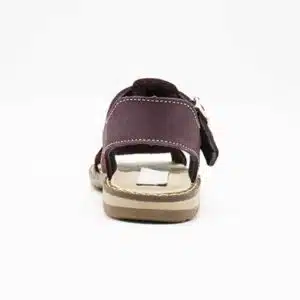 Sandale en cuir véritable rouge bordeau. Modèle Traveler. Vue de derrière