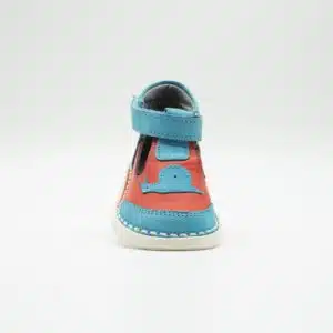 chaussures en nebuk véritable rouge et bleu. Modèle Baby_V1. Vue de face